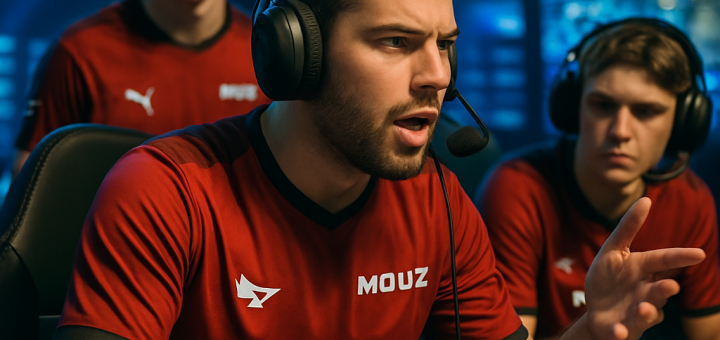 An intense esports gaming scene showcasing MOUZs new roster with xertioN as the captain,