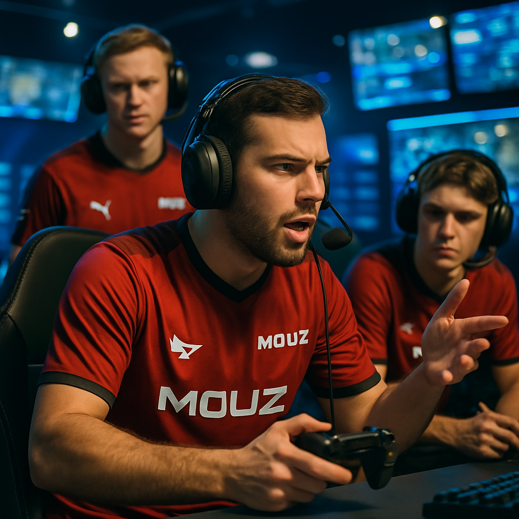 An intense esports gaming scene showcasing MOUZs new roster with xertioN as the captain,